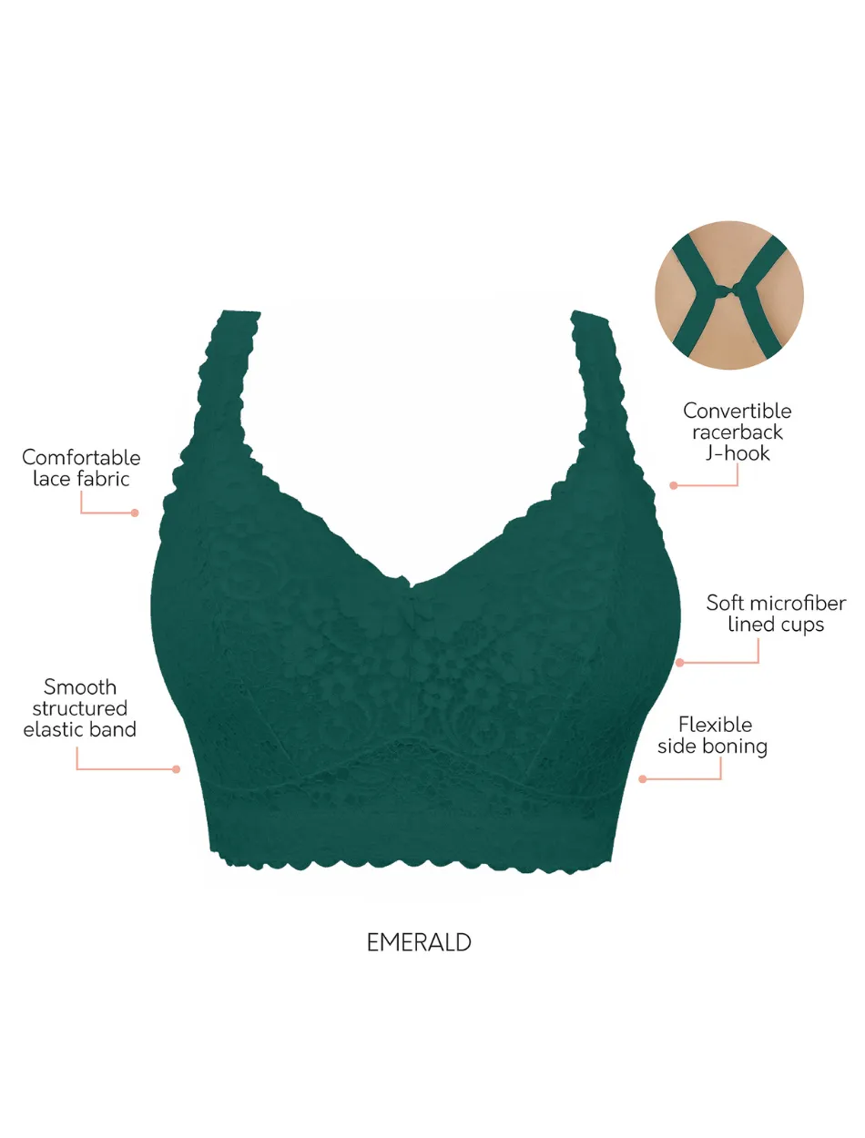 Parfait Adriana Bra Wirefree Bralette, Emerald Green | Emerald Parfait Non-Wired Bralette | Green Emerald Lace Bralette | Black Lounge Bra