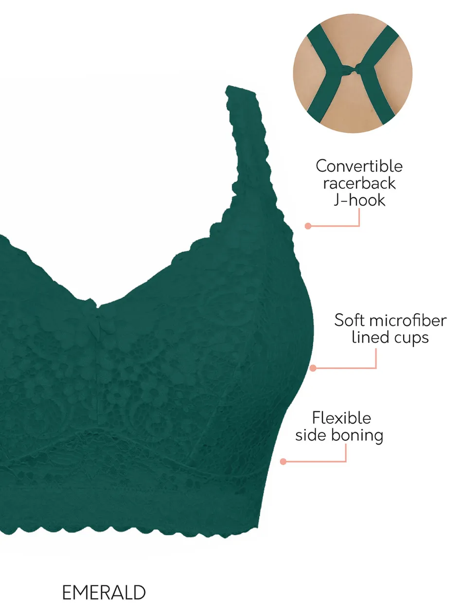 Parfait Adriana Bra Wirefree Bralette, Emerald Green | Emerald Parfait Non-Wired Bralette | Green Emerald Lace Bralette | Black Lounge Bra