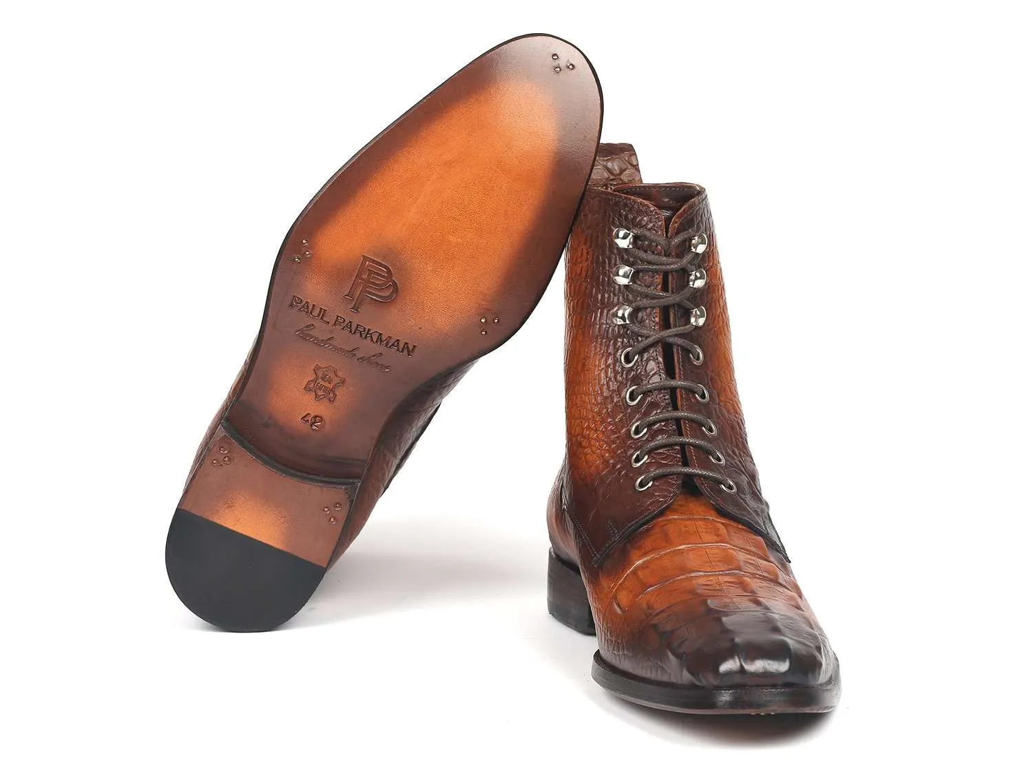 Paul Parkman Brown Croco Leather Lace-Up Boots