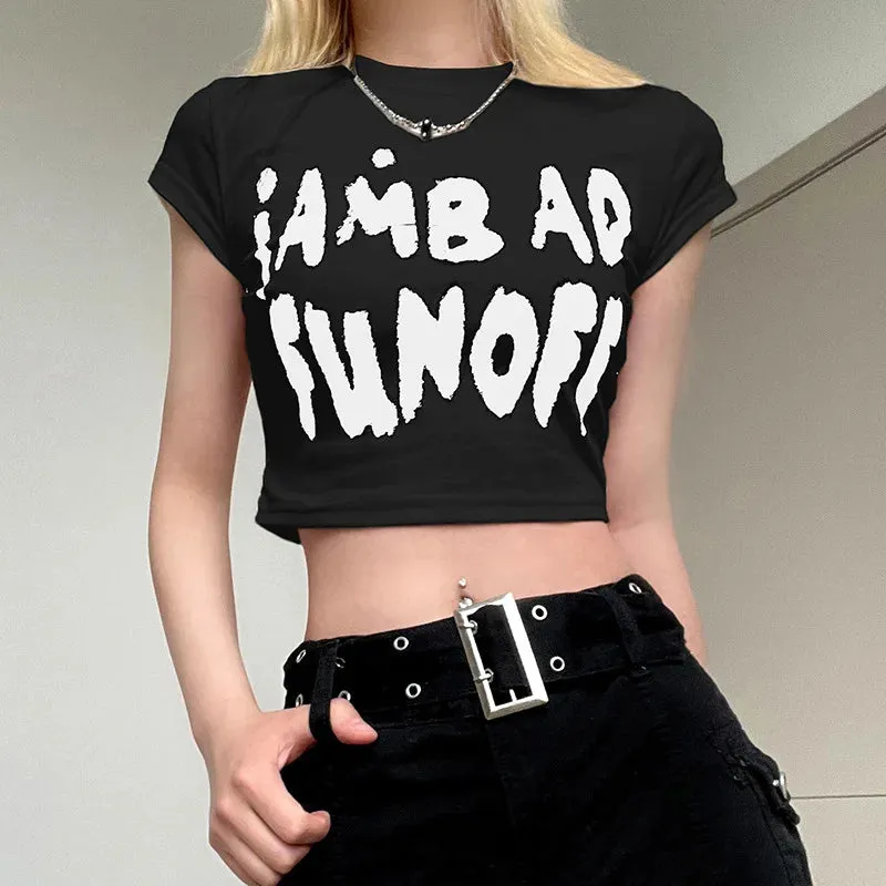Printed Color Contrast Spice Waist Shrink Slimming Crop Short Women's Top T-shirt