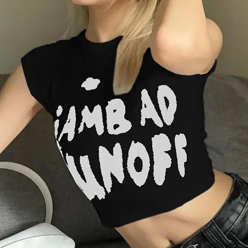 Printed Color Contrast Spice Waist Shrink Slimming Crop Short Women's Top T-shirt