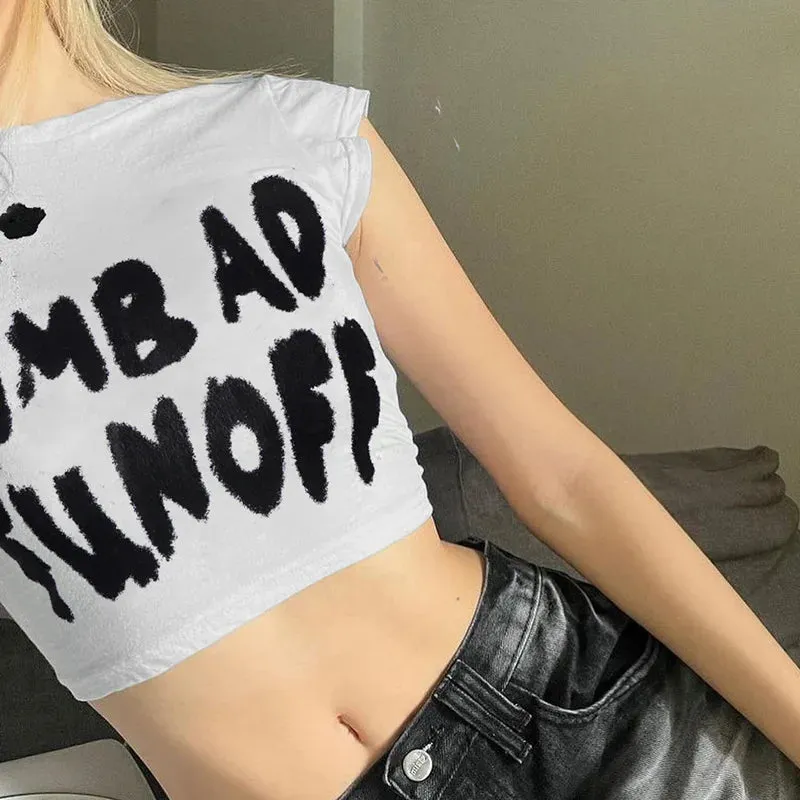 Printed Color Contrast Spice Waist Shrink Slimming Crop Short Women's Top T-shirt