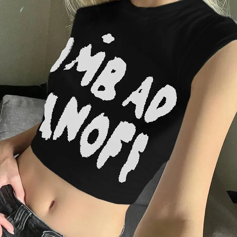 Printed Color Contrast Spice Waist Shrink Slimming Crop Short Women's Top T-shirt