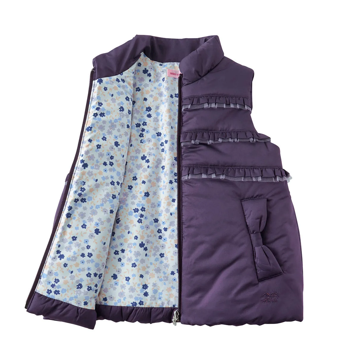 Puffer Vest with Frills and Ribbon-Shaped Pockets