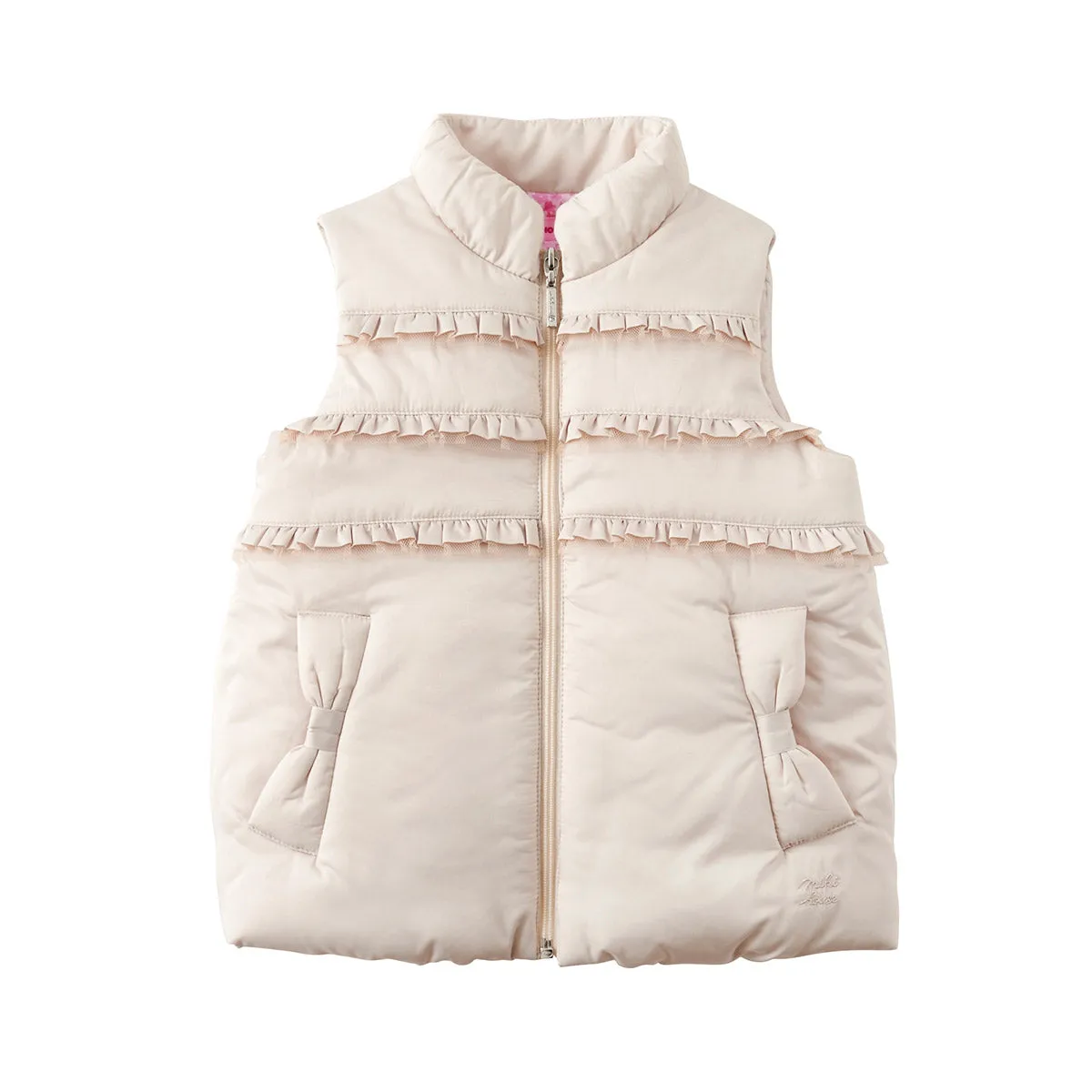 Puffer Vest with Frills and Ribbon-Shaped Pockets