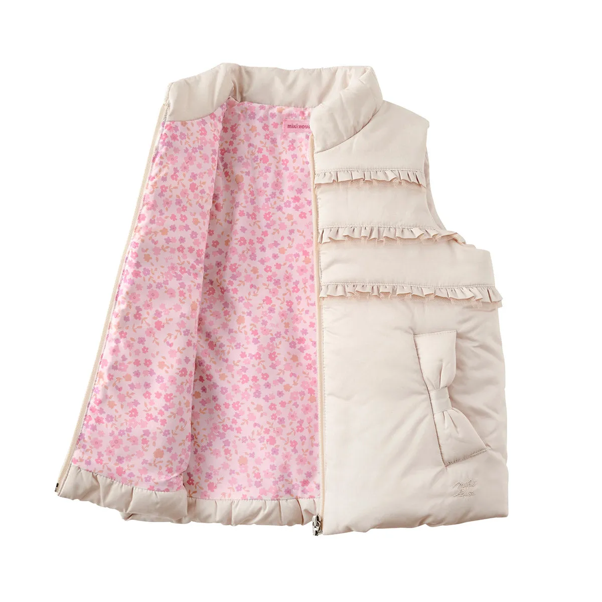 Puffer Vest with Frills and Ribbon-Shaped Pockets