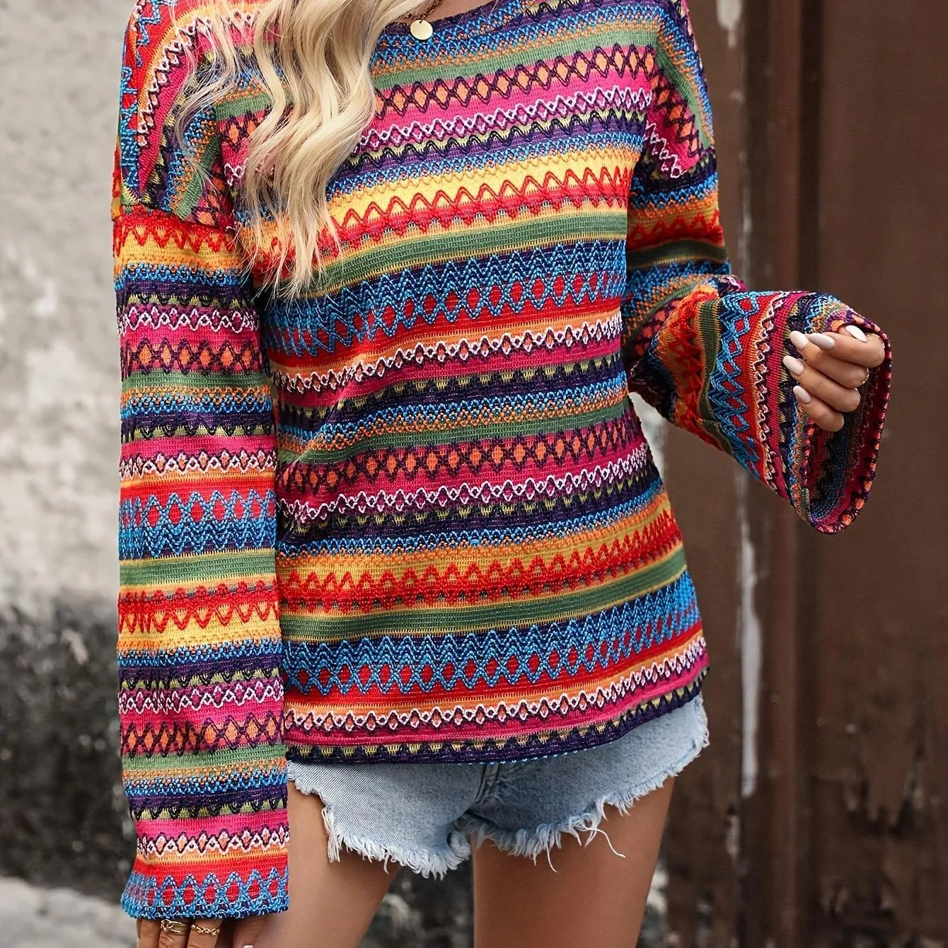 Rainbow Stripe Crew Neck T-shirt For Spring & Fall Women’s Top