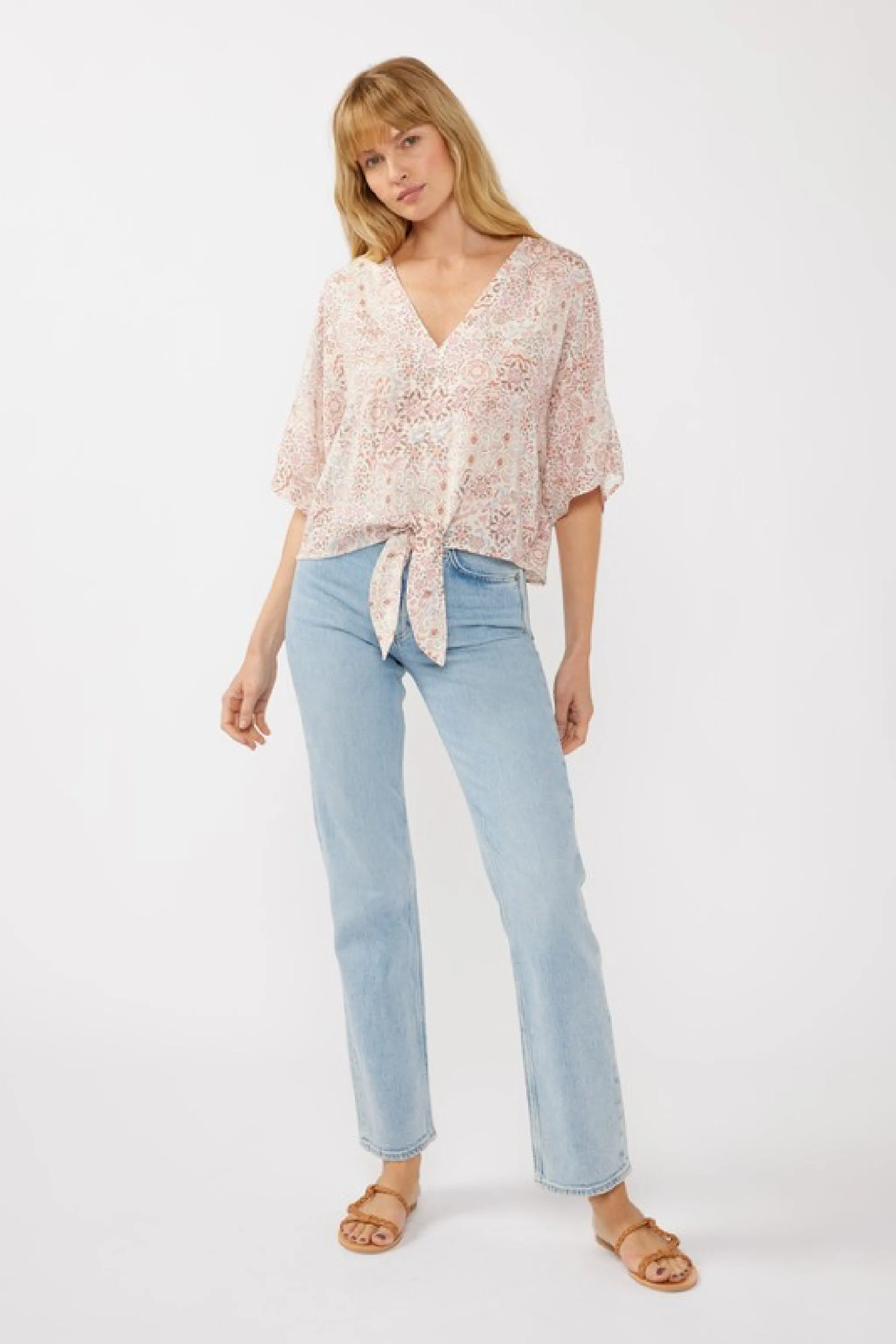 Raquel Short Kimono Sleeve Front Tie Floral Print Top Blush