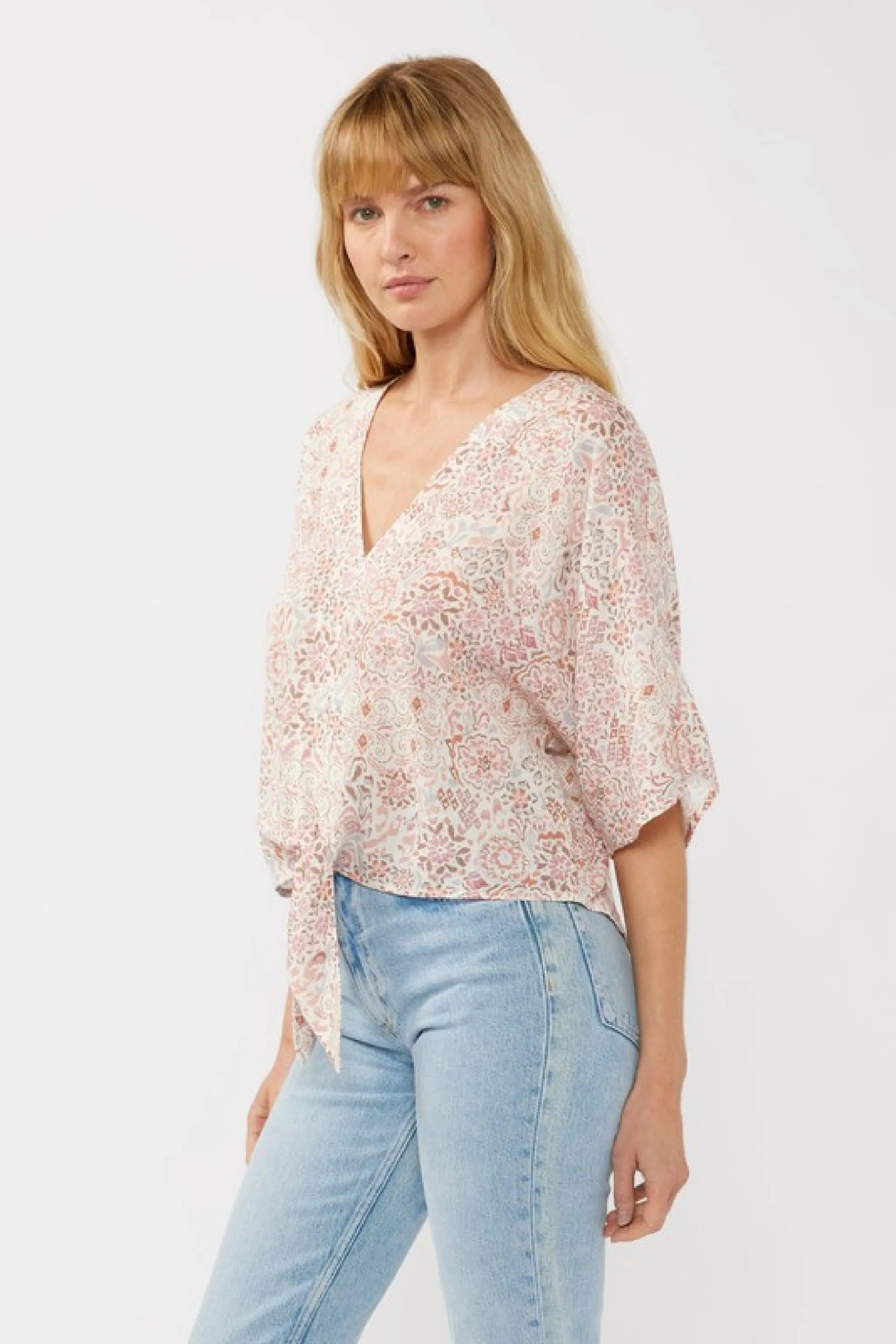 Raquel Short Kimono Sleeve Front Tie Floral Print Top Blush