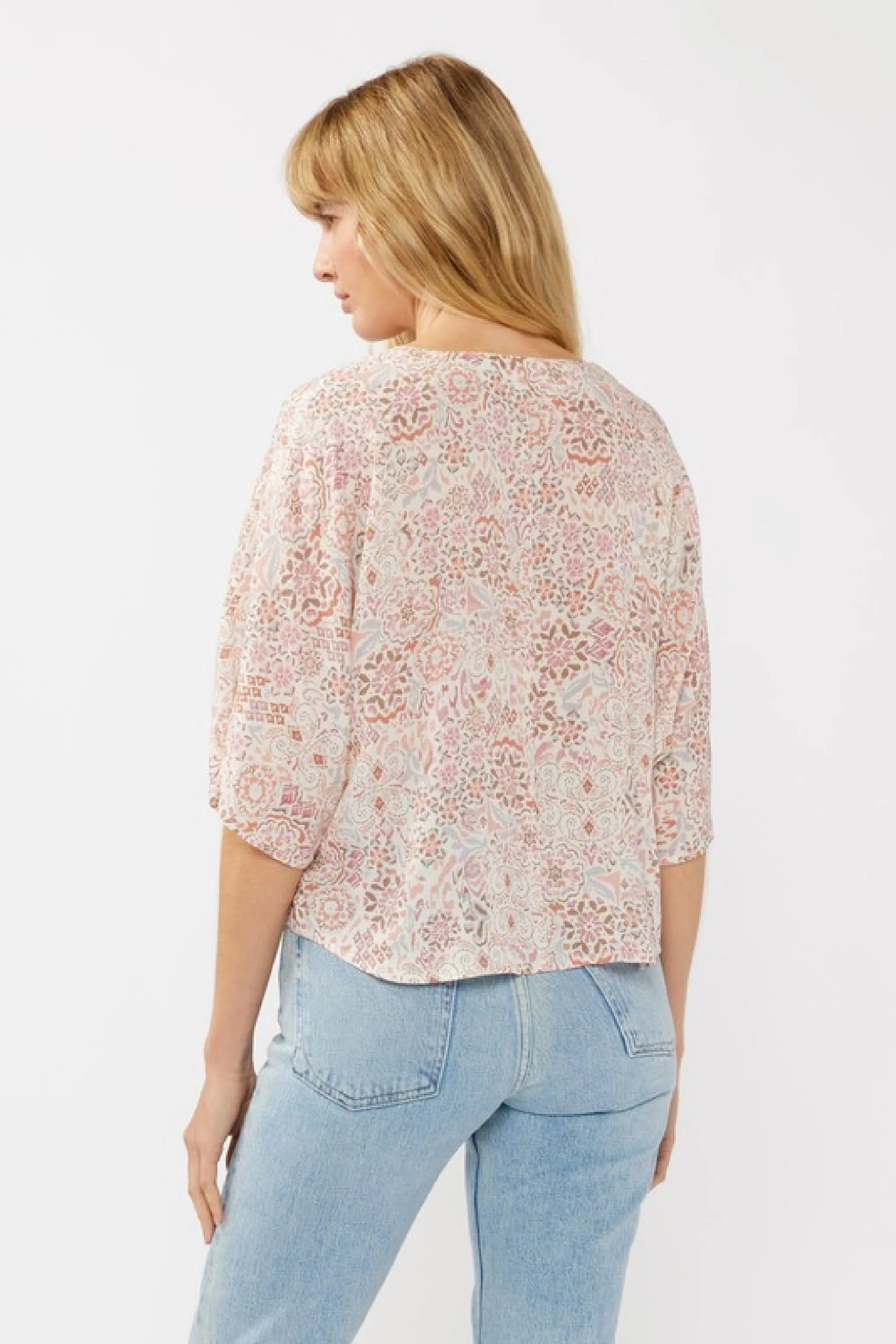 Raquel Short Kimono Sleeve Front Tie Floral Print Top Blush