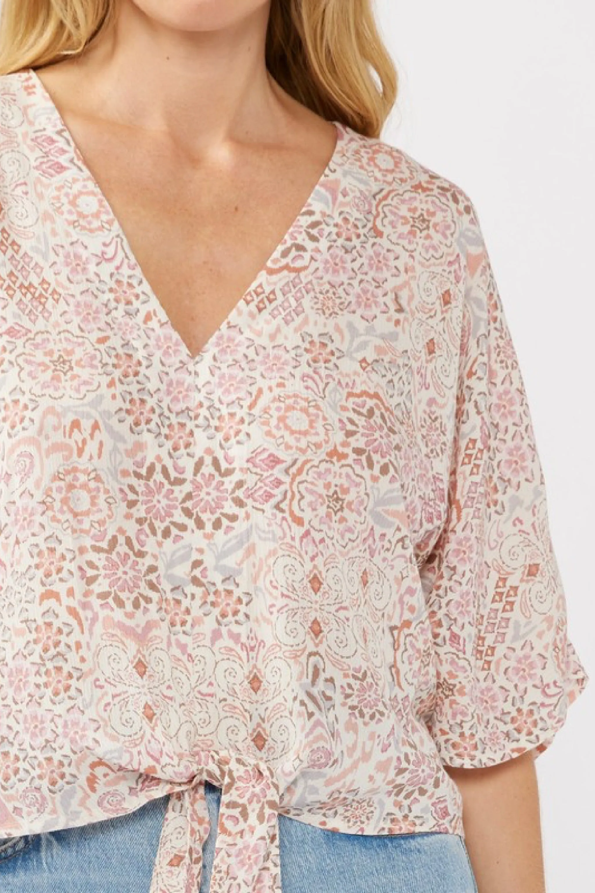 Raquel Short Kimono Sleeve Front Tie Floral Print Top Blush