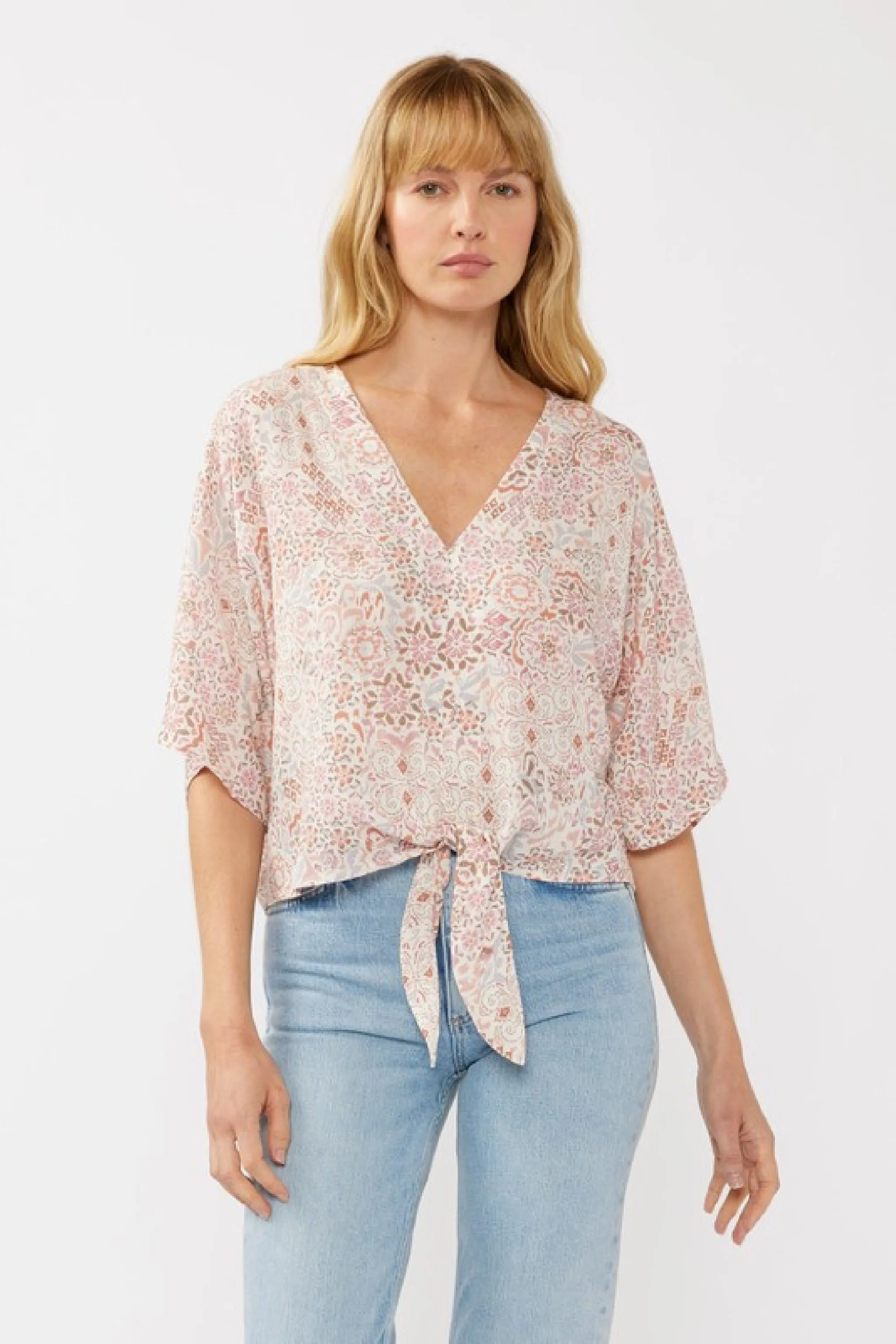 Raquel Short Kimono Sleeve Front Tie Floral Print Top Blush