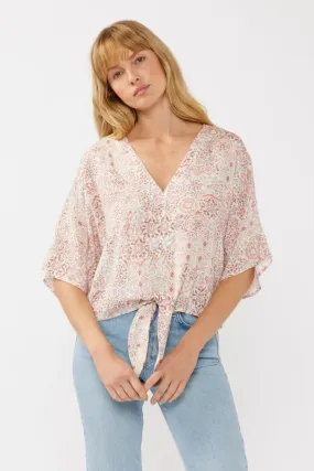 Raquel Short Kimono Sleeve Front Tie Floral Print Top Blush