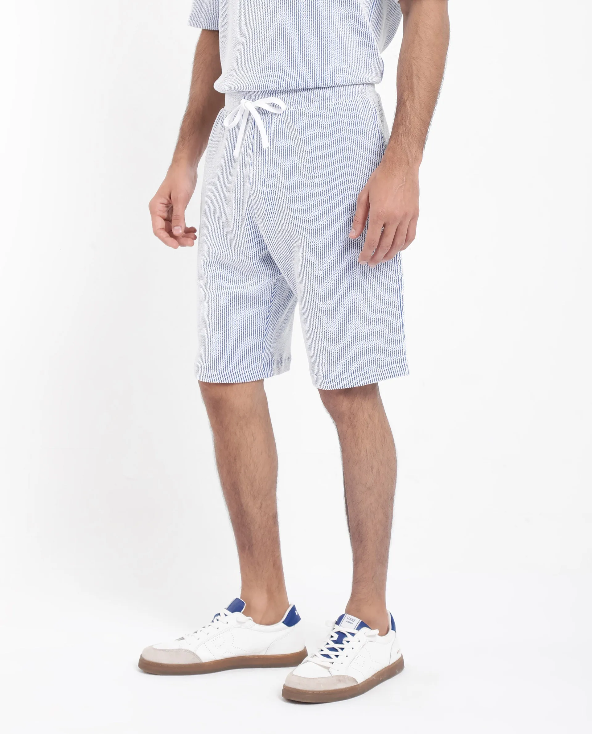 Rare Rabbit Men's Zavet-B Blue Cotton Polyester Fabric Knee Length Regular Fit Self Stripe Textured Shorts