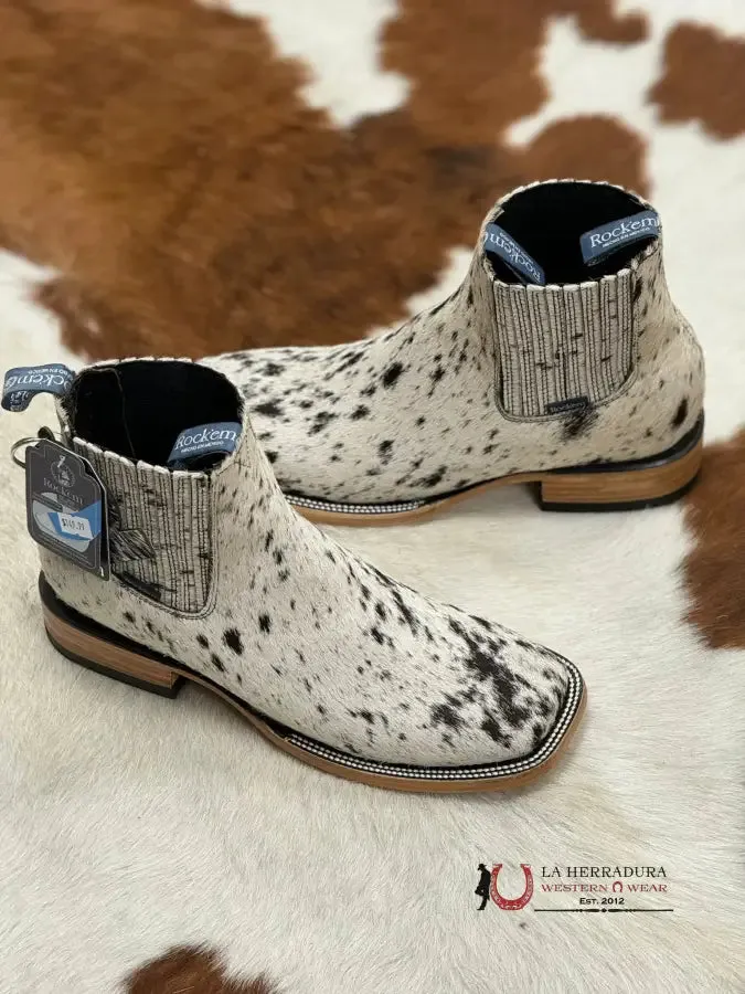ROCK’EM  MENS SHORT BOOT COW HIDE BLACK AND WHITE (EACH PAIR IS UNIQUE)