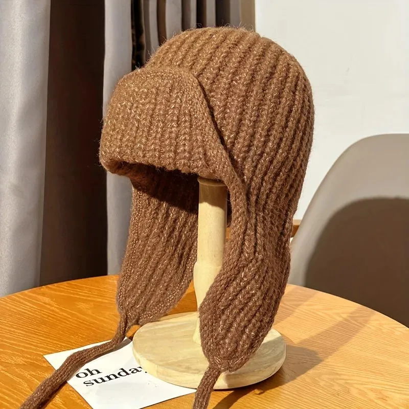 Solid Color Warm Ear Protection Knitted Children Tied Wool Hat
