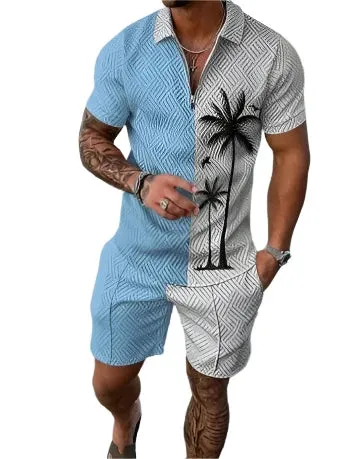 Summer New Men's Tracksuit 3D Printing Short Sleeve Zipper Polo Shirt Shorts Set for Men Casual Streetwear 2-piece Suit