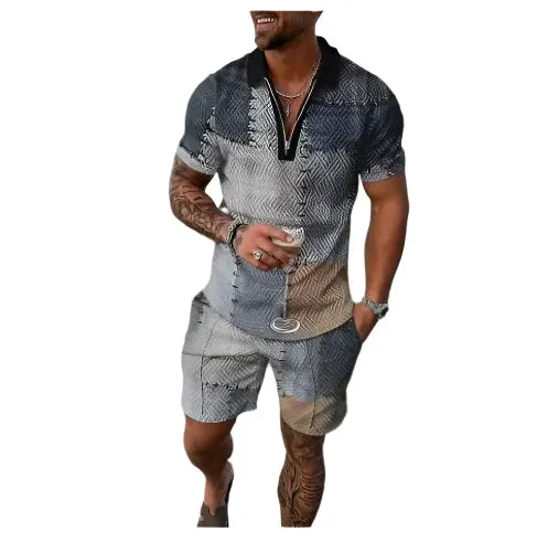 Summer New Men's Tracksuit 3D Printing Short Sleeve Zipper Polo Shirt Shorts Set for Men Casual Streetwear 2-piece Suit