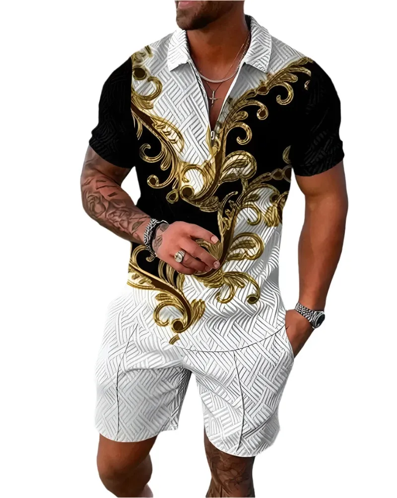 Summer New Men's Tracksuit 3D Printing Short Sleeve Zipper Polo Shirt Shorts Set for Men Casual Streetwear 2-piece Suit
