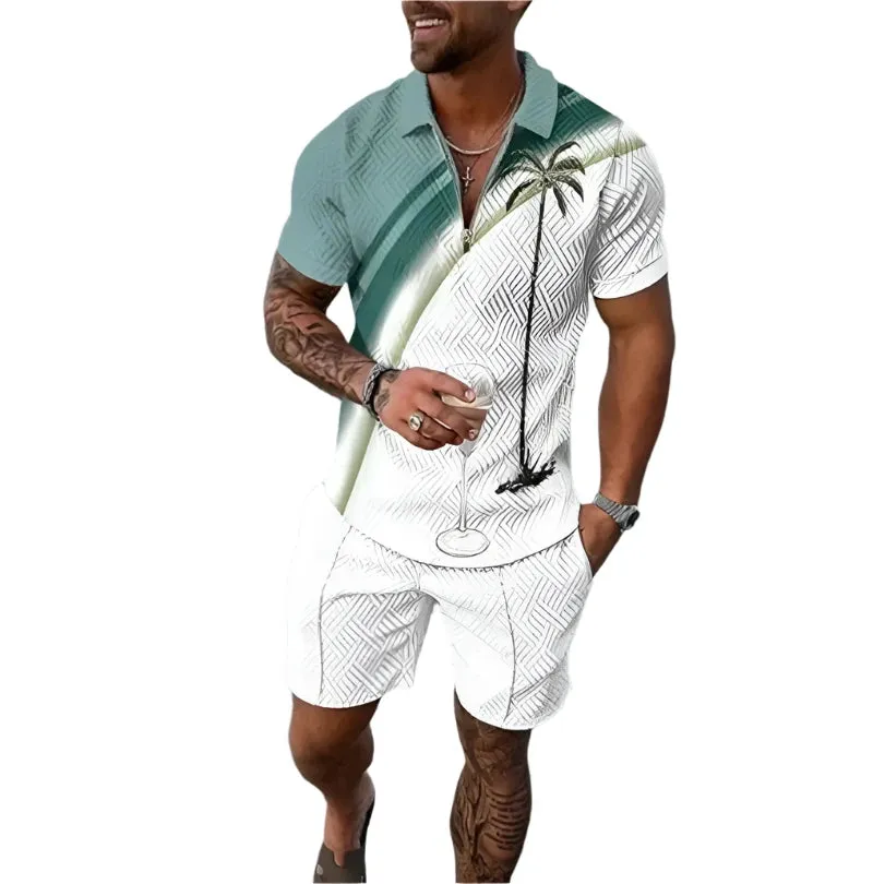 Summer New Men's Tracksuit 3D Printing Short Sleeve Zipper Polo Shirt Shorts Set for Men Casual Streetwear 2-piece Suit