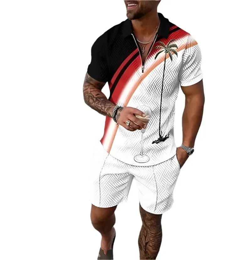 Summer New Men's Tracksuit 3D Printing Short Sleeve Zipper Polo Shirt Shorts Set for Men Casual Streetwear 2-piece Suit