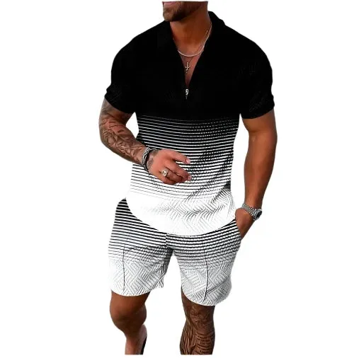 Summer New Men's Tracksuit 3D Printing Short Sleeve Zipper Polo Shirt Shorts Set for Men Casual Streetwear 2-piece Suit