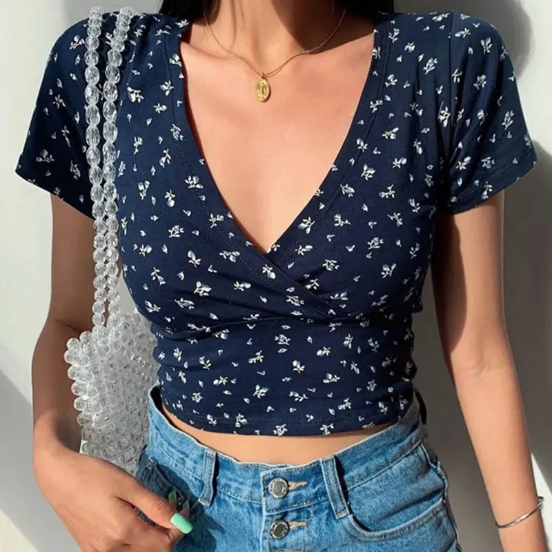 Summer Sexy Women Slim Crop Top T Shirt Low Cut Short Sleeve Stylish Cross Wrap Tees for Teenage Girls