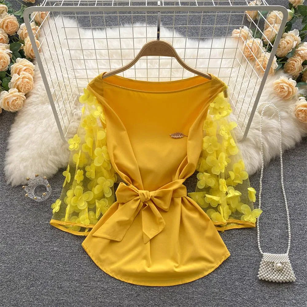 Women Mesh Sleeves Waist Thin Chiffon Blouse