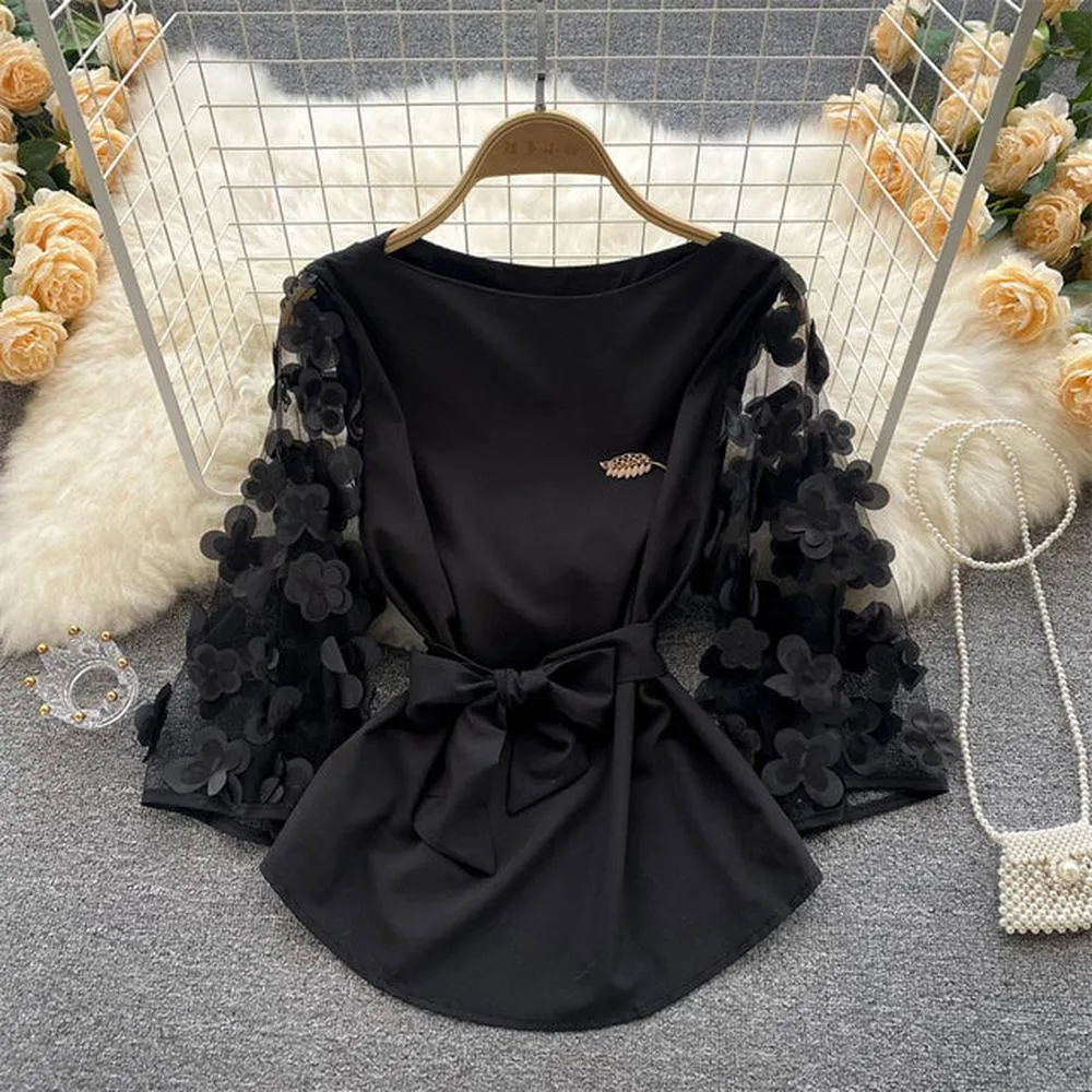 Women Mesh Sleeves Waist Thin Chiffon Blouse
