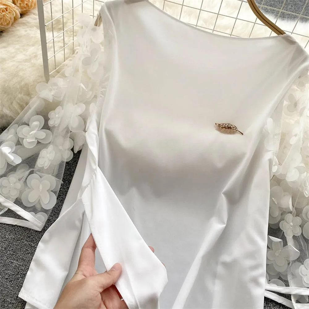 Women Mesh Sleeves Waist Thin Chiffon Blouse