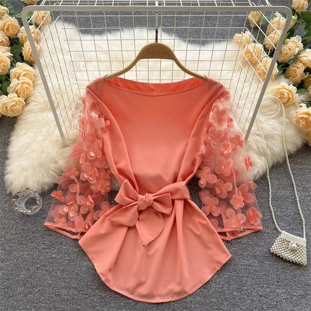 Women Mesh Sleeves Waist Thin Chiffon Blouse