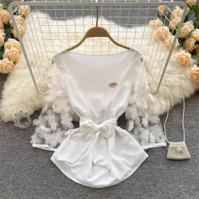 Women Mesh Sleeves Waist Thin Chiffon Blouse