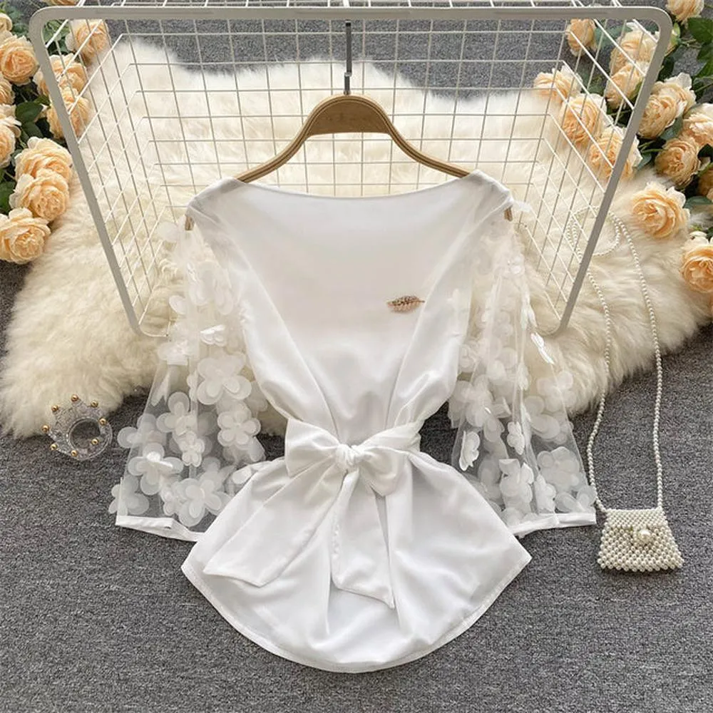 Women Mesh Sleeves Waist Thin Chiffon Blouse