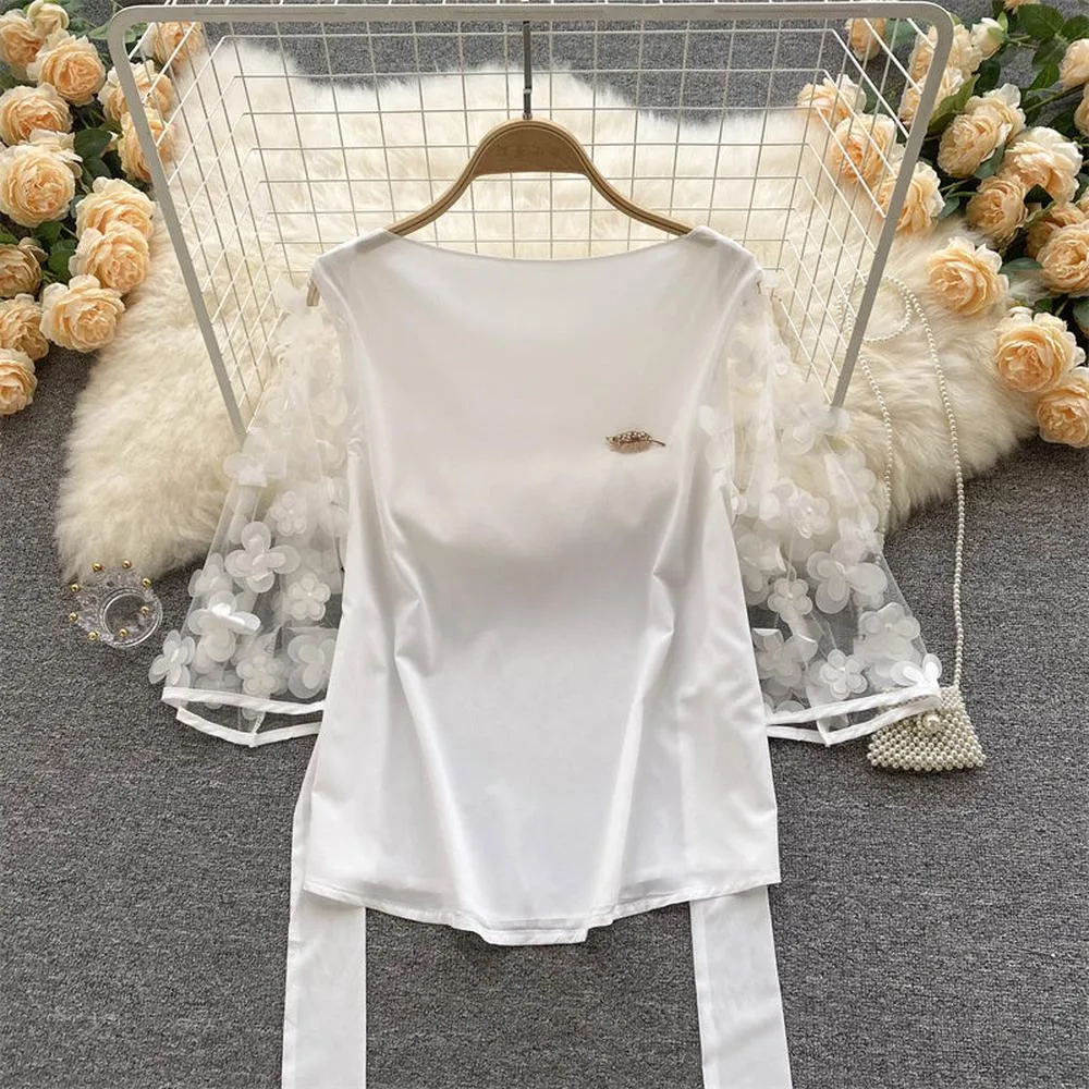 Women Mesh Sleeves Waist Thin Chiffon Blouse