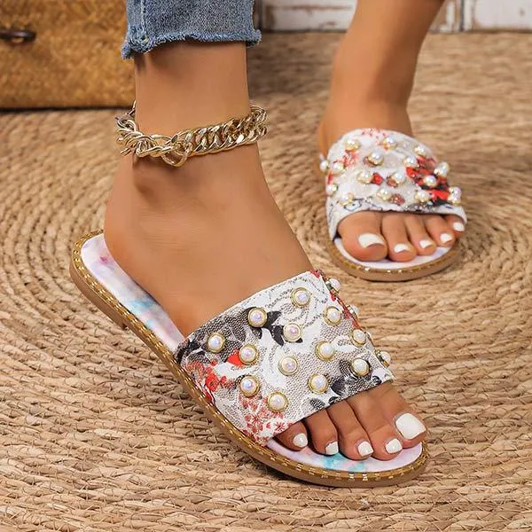 Women's Flat Printed Colorful Pearl Slippers 31128408C