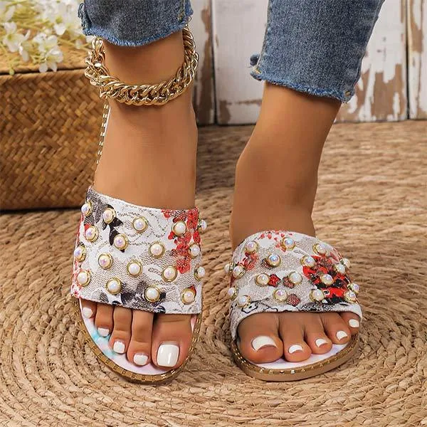 Women's Flat Printed Colorful Pearl Slippers 31128408C