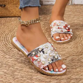 Women's Flat Printed Colorful Pearl Slippers 31128408C