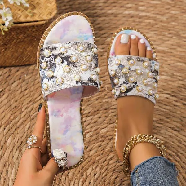 Women's Flat Printed Colorful Pearl Slippers 31128408C
