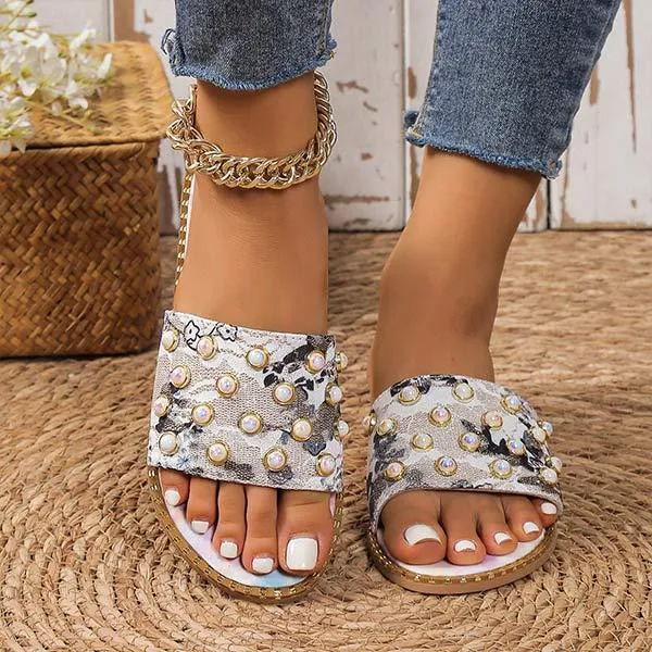 Women's Flat Printed Colorful Pearl Slippers 31128408C