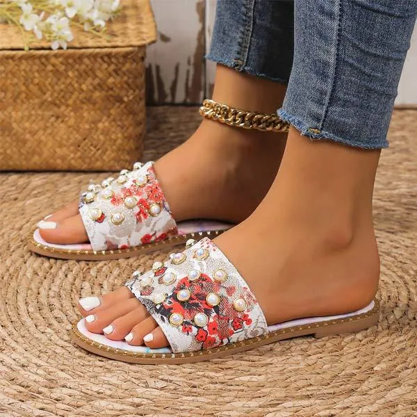 Women's Flat Printed Colorful Pearl Slippers 31128408C